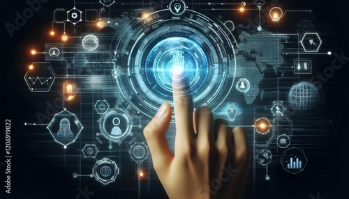 Technology artificial intelligence digital ai hand concept on cyber future business tech science innovation futuristic network strategy background virtual data communication learning assistant search.