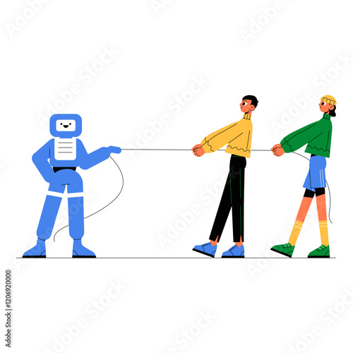 Robot Competing With Humans In Tug Of War In Flat Vector Illustration Symbolizing AI And Human Competition, Isolated On White Background.