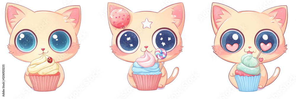 Cute Kittens with Cupcakes: Three adorable cartoon kittens with big, expressive eyes enjoy delicious cupcakes in a delightful trio. Each kitten has a unique expression and cupcake design. Cute Kittens with Cupcakes: Three adorable cartoon kittens with big, expressive eyes enjoy delicious cupcakes in a delightful trio. Each kitten has a unique expression and cupcake design.