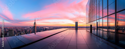 A vibrant urban panorama with pink skies mirrored on a rooftop terrace's glass facade