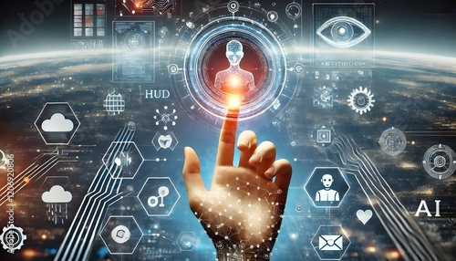 Technology artificial intelligence digital ai hand concept on cyber future business tech science innovation futuristic network strategy background virtual data communication learning assistant search.