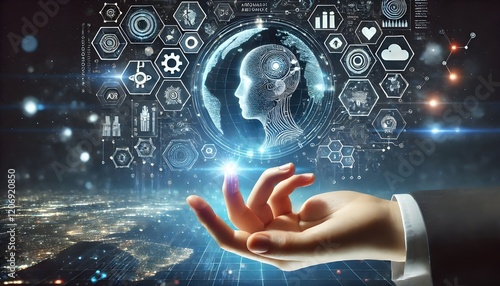 Technology artificial intelligence digital ai hand concept on cyber future business tech science innovation futuristic network strategy background virtual data communication learning assistant search.