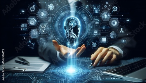 Technology artificial intelligence digital ai hand concept on cyber future business tech science innovation futuristic network strategy background virtual data communication learning assistant search.