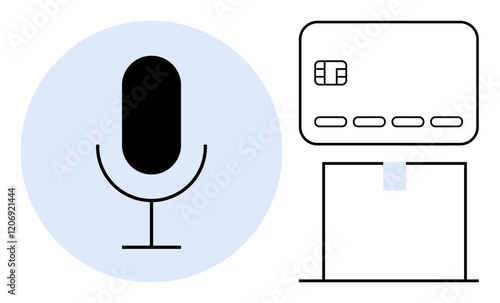 Microphone icon next to credit card chip and slot structure. Ideal for fintech, digital banking, security, customer service, automation, voice recognition, accessibility. Line metaphor