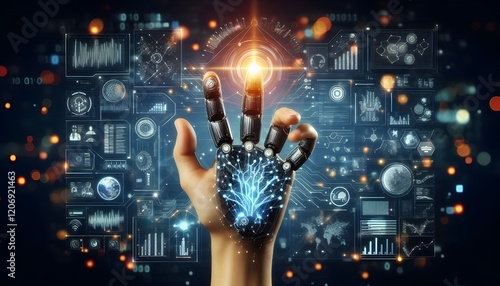 Technology artificial intelligence digital ai hand concept on cyber future business tech science innovation futuristic network strategy background virtual data communication learning assistant search.