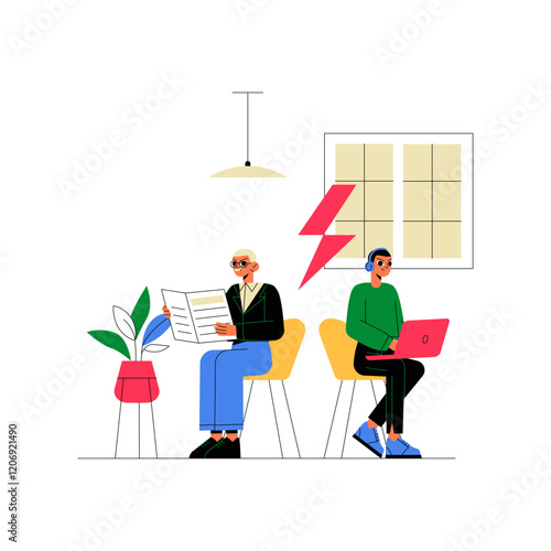 Generational Diversity With Two People Reading And Using Technology In Flat Vector Illustration Symbolizing Differences, Communication, And Lifestyle, Isolated On White Background.