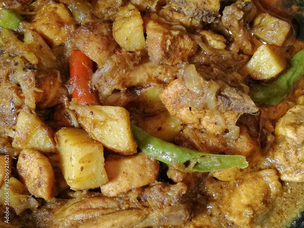 Bresse chicken curry is the most testier food item in the world. Different parts of cooked chicken curry mixed with different kinds of seasonal vegetables Bresse chicken curry is the most testier food item in the world. Different parts of cooked chicken curry mixed with different kinds of seasonal vegetables