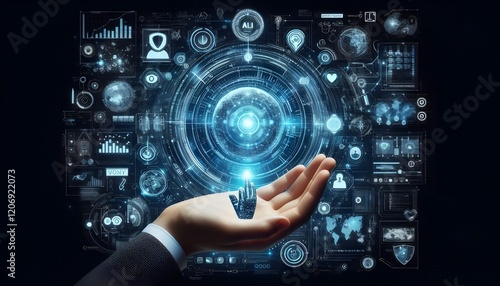 Technology artificial intelligence digital ai hand concept on cyber future business tech science innovation futuristic network strategy background virtual data communication learning assistant search.