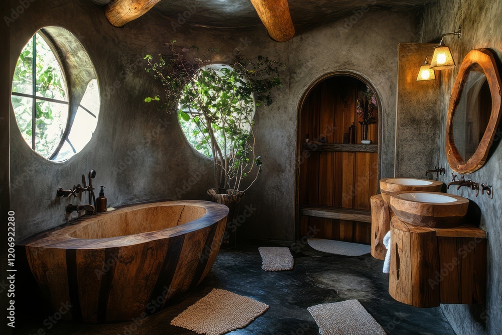 Rustic Wooden Bathroom With Unique Sinks And Bathtub Rustic Wooden Bathroom With Unique Sinks And Bathtub
