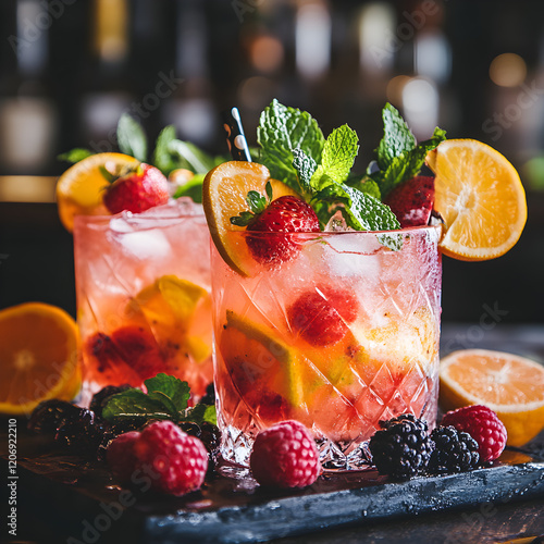 Summer Berry Cocktail: A refreshing summer cocktail with a vibrant mix of strawberries, raspberries, and orange slices, garnished with fresh mint, inviting you to indulge in the sweet and tangy taste. photo