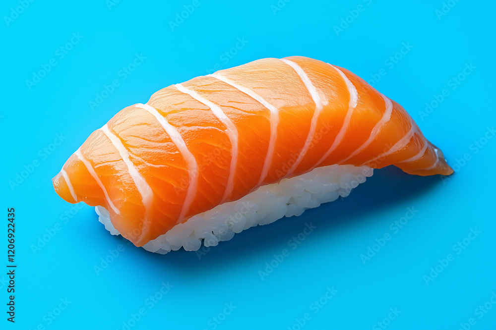 Piece of sushi with salmon on a blue plate close-up, side view. Piece of sushi with salmon on a blue plate close-up, side view.