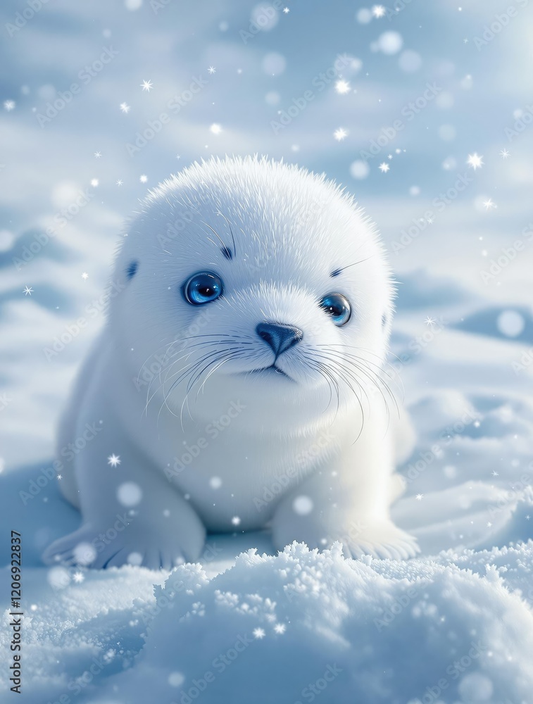 Obraz premium Adorable seal with frosty whiskers playing in snow, whiskers, frosty, playful