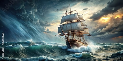 A sturdy ship navigating through turbulent stormy weather with waves crashing against its hull, wind whipping its sails and rain lashing down on the deck, sailing, navigation photo