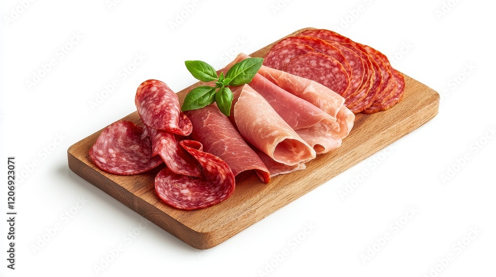 Assortment of cured meats including salami and prosciutto on wooden serving board garnished with fresh basil leaves Assortment of cured meats including salami and prosciutto on wooden serving board garnished with fresh basil leaves