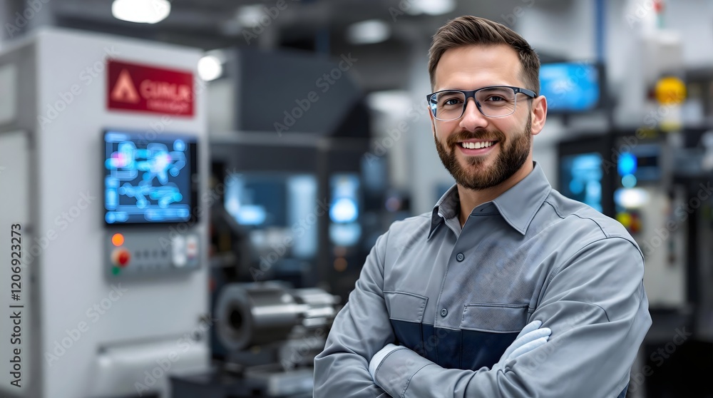 Professional CNC machinist operating a precision lathe in a high-tech manufacturing facility (Industry) Professional CNC machinist operating a precision lathe in a high-tech manufacturing facility (Industry)