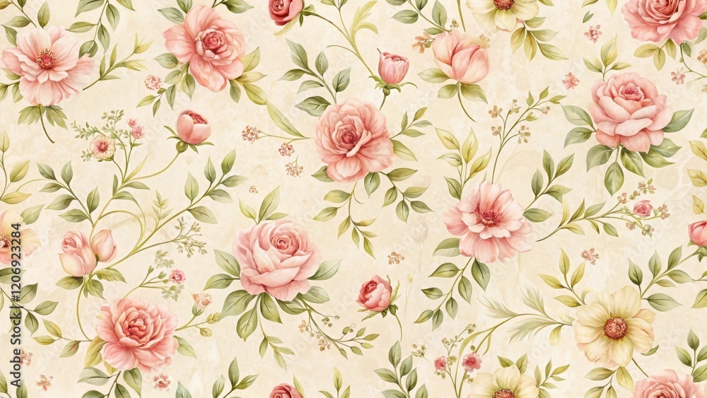Fototapeta Delicate floral motifs in a repeating pattern on a cream background, creating a soft and romantic atmosphere , design