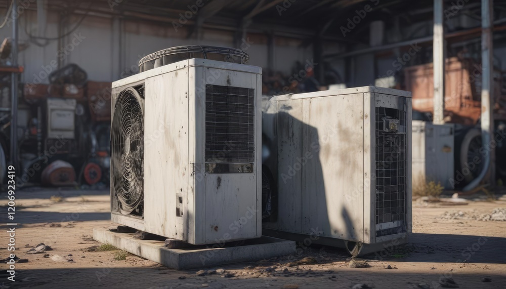 Air conditioner unit in a junkyard with damaged compressor , broken machinery, scrap metal, discarded appliance Air conditioner unit in a junkyard with damaged compressor , broken machinery, scrap metal, discarded appliance