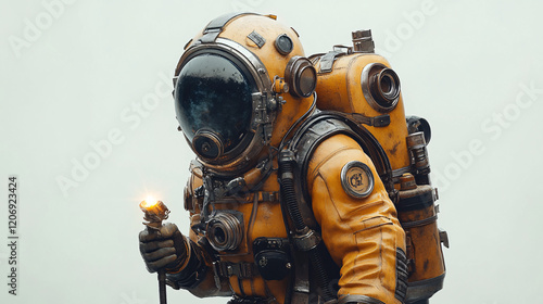 a man in a diving suit holding a lit candle photo