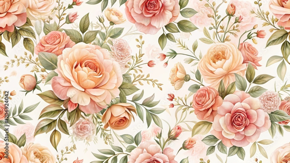 Floral design featuring a seamless rose pattern in soft pink and peach hues on a white background, with intricate details and texture , roses pattern, white background Floral design featuring a seamless rose pattern in soft pink and peach hues on a white background, with intricate details and texture , roses pattern, white background