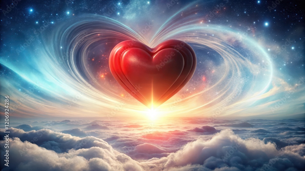 Fototapeta premium A vibrant red heart made of swirling clouds and mist on a soft white abstract background, surrounded by gentle waves and subtle starlight, celestial element, cloud