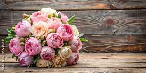 Fototapeta Naklejka Na Ścianę i Meble -  Soft pink peonies and roses in a lush bouquet on a rustic wooden table , peonies, garden,  peonies, garden, bouquet