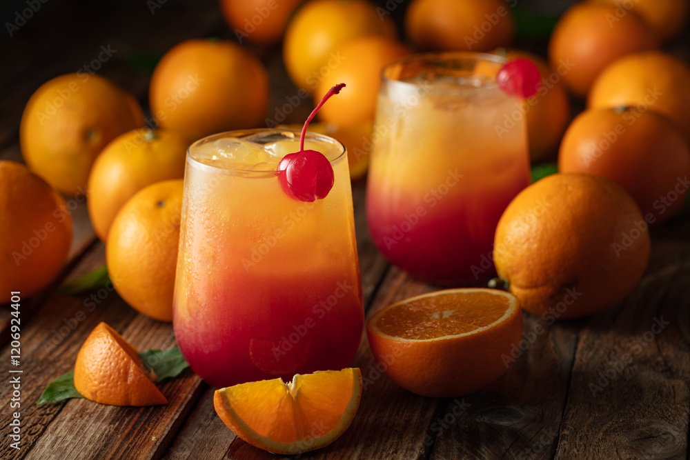 Classic tequila sunrise cocktail on an old wooden table. Classic tequila sunrise cocktail on an old wooden table.
