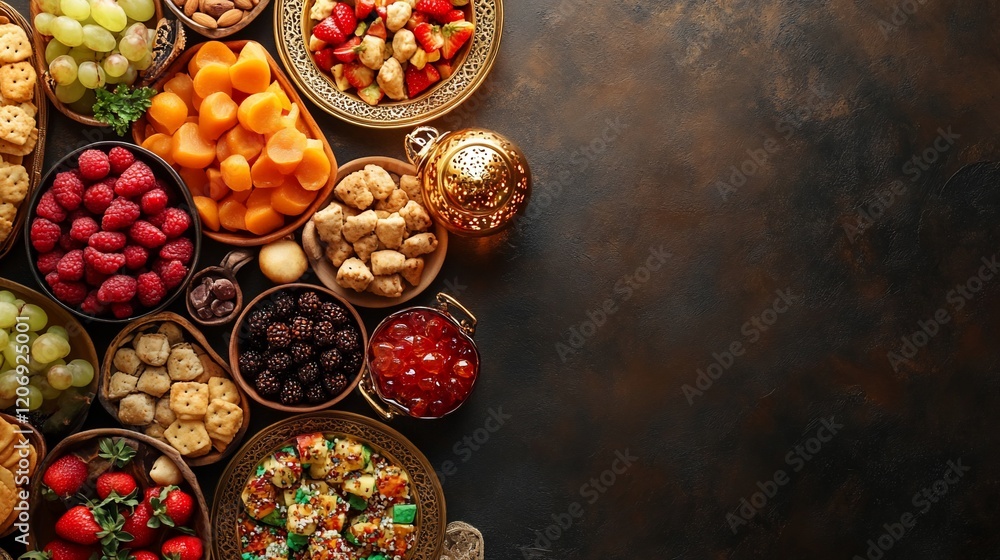 Fototapeta premium Delicious Feast: A Vibrant Spread of Fruits, Sweets, and Snacks