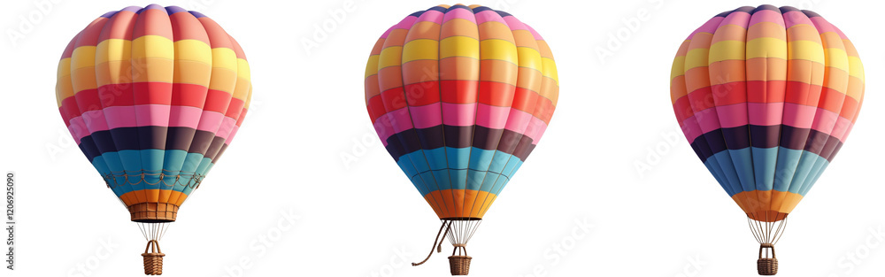 Fototapeta premium set of A vibrant hot air balloon with multicolored panels in a striped pattern, featuring a woven basket and ropes, isolated on a transparent background