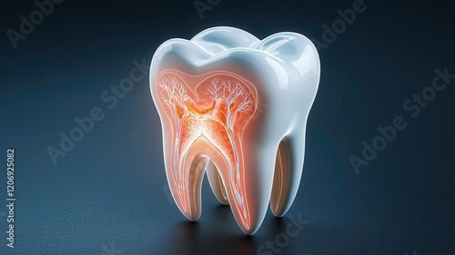 Tooth cross section with inflamed pulp, glowing visualization of pain anatomy and root canals