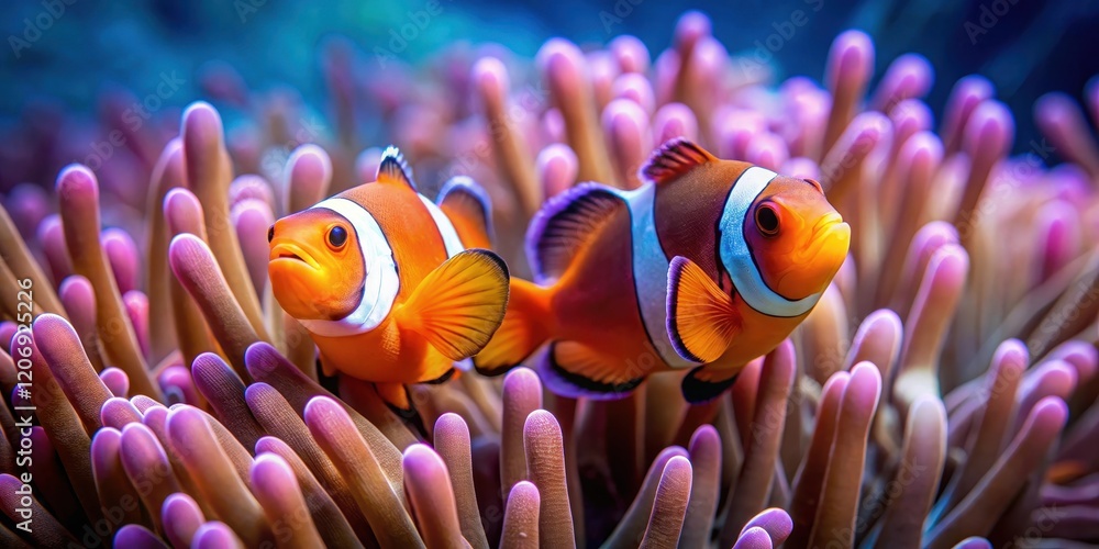 Two clown fish swimming together in a colorful anemone, clown fish, anemone, clown fish Two clown fish swimming together in a colorful anemone, clown fish, anemone, clown fish