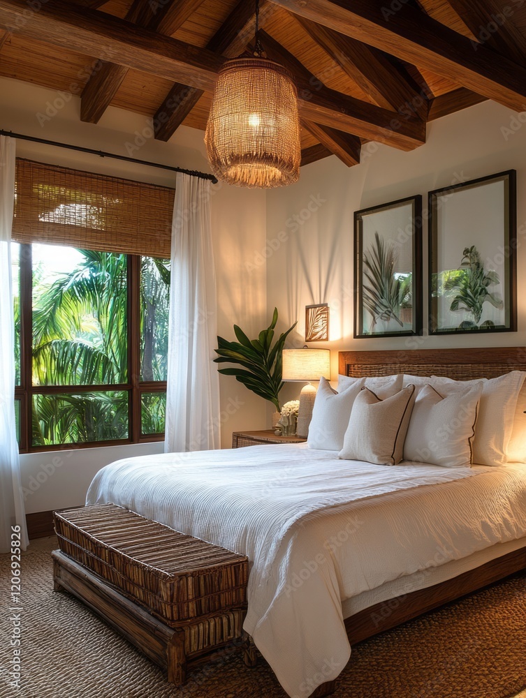 Fototapeta premium Serene Tropical Bedroom With Wooden Beams And Natural Decor