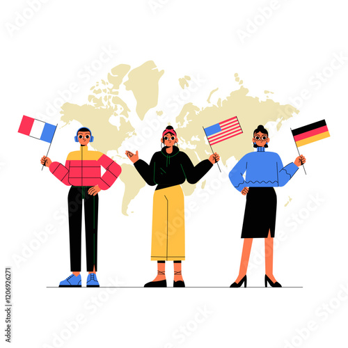 Group Of People With Flags In Flat Vector Illustration Symbolizing Global Unity, Multiculturalism, And National Pride, Isolated On White Background