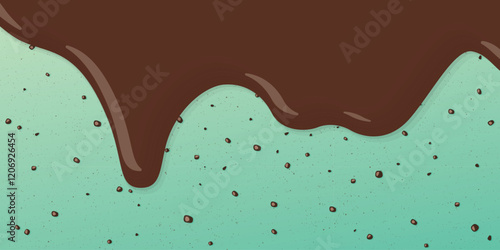 Melt chocolate pouring on mint chocolate chip ice cream texture background graphic illustration.