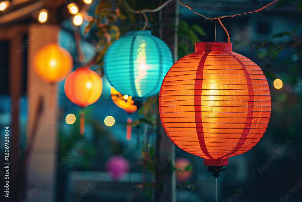 Fototapeta premium Beautiful holiday composition for happy celebrate chinese festival of lanterns, abstract vivid composition consists of fictional unreal fantastic vision on background