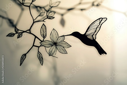 A minimalist wall art in black metal featuring a hollow silhouette of a hummingbird feeding on a flower. The Formica metal structure outlines the bird fluid motion and detailed flower petals. photo