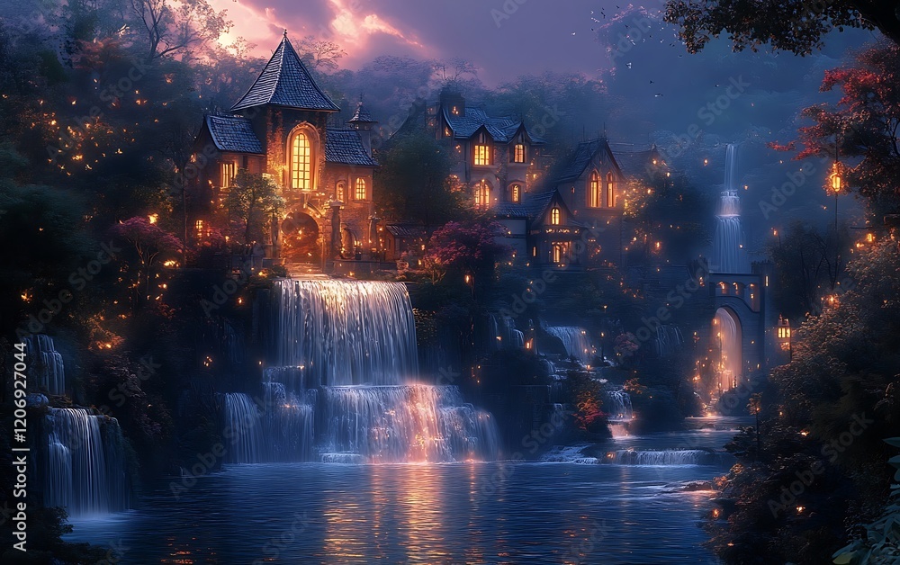Serene Waterfall Landscape with Autumn Buildings Serene Waterfall Landscape with Autumn Buildings