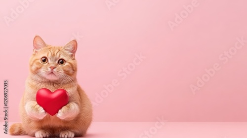Cute cat holding a red heart on pink background.