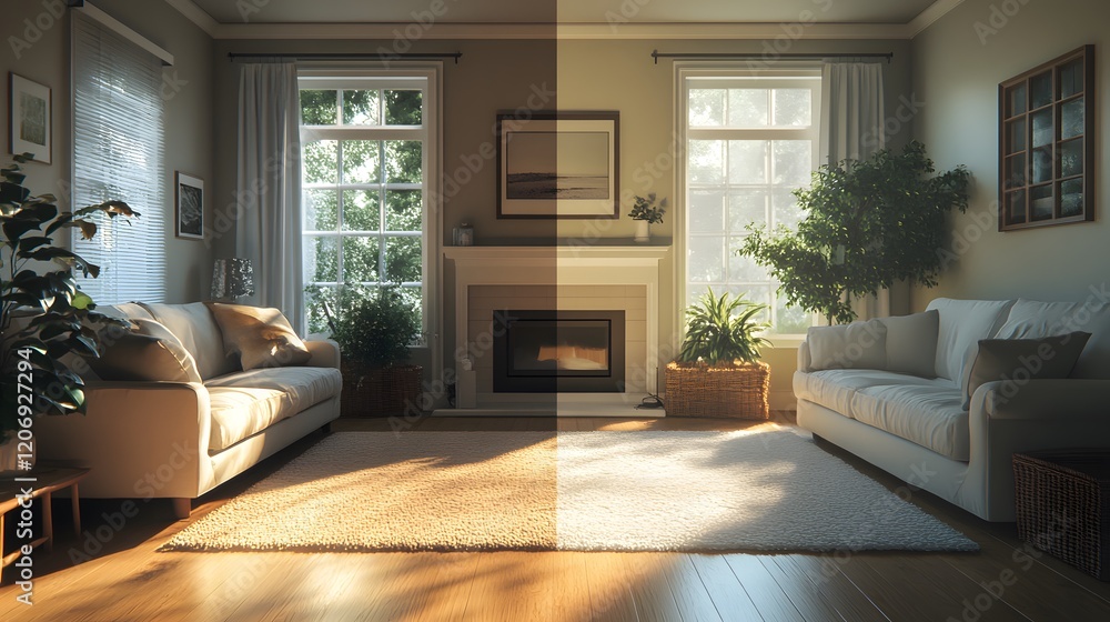 Fototapeta premium Living room featuring a couch chair fireplace and window with natural light