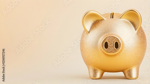 Golden Piggy Bank on a Soft Background for Financial Concepts, Generative AI. photo