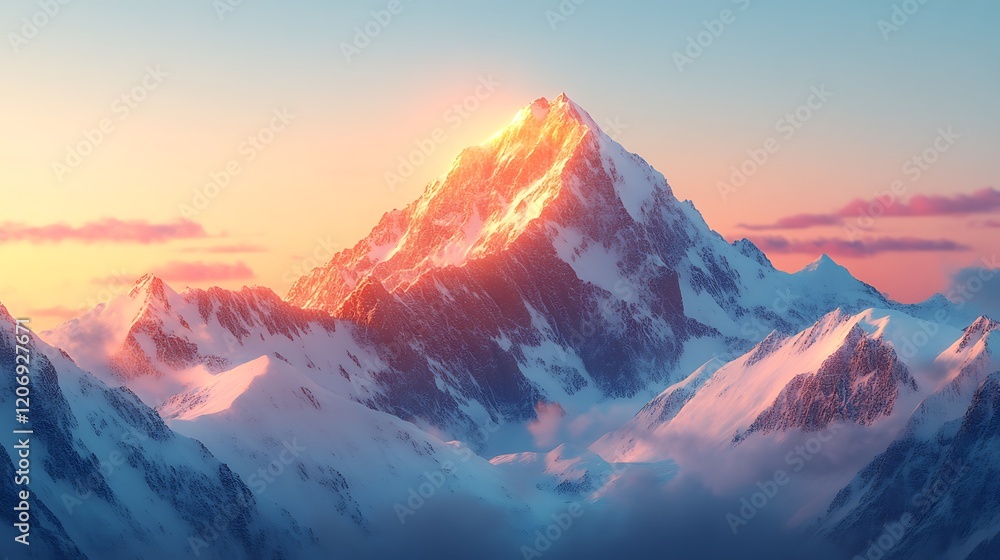 A majestic mountain range at sunrise, with the sun rising behind it casting warm hues across its peaks. High-angle perspective of snow-capped mountains under a clear sky. A majestic mountain range at sunrise, with the sun rising behind it casting warm hues across its peaks. High-angle perspective of snow-capped mountains under a clear sky.