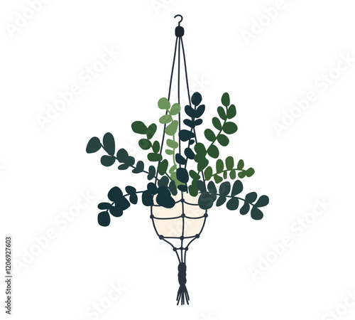 Macrame hanging plant in pot. Garden house indoor hanger flowerpot. Hanging home plant for interior decor. Vector flat illustration