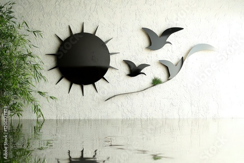 A nature-inspired wall art installation with a hollow black metal sun, abstract Formica metal seagulls, and delicate water reflections.  photo