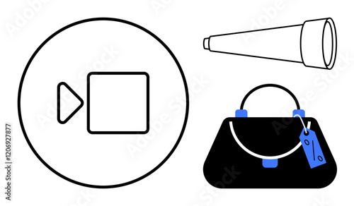 Video playback button inside a circle, a vintage telescope, and a handbag with a visible price tag. Ideal for video content, exploration, shopping, travel, fashion consumerism ecommerce. Minimalist
