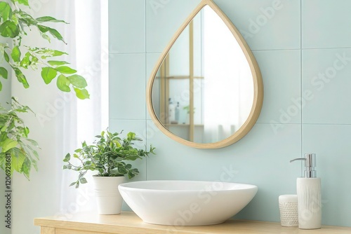 A uniquely crafted tear-shaped mirror with a light oak wood frame, featuring a bright, airy bathroom with a pale blue accent wall, a white ceramic sink, and a pop of greenery . photo