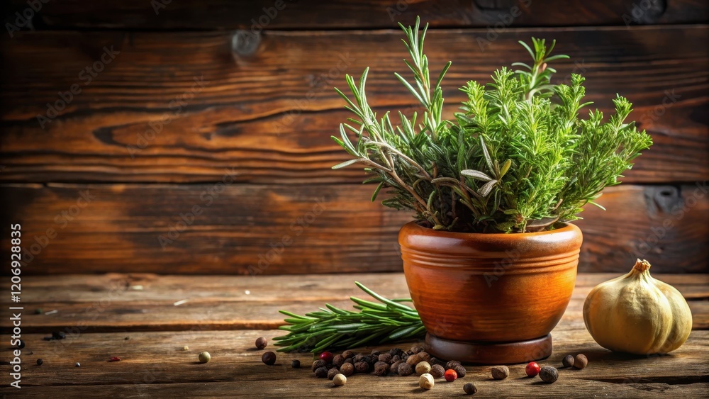 Aromatic herbs and olive oil blend in a rustic terracotta pot with fresh rosemary and thyme sprigs on a wooden table, bouquet garni, cooking Aromatic herbs and olive oil blend in a rustic terracotta pot with fresh rosemary and thyme sprigs on a wooden table, bouquet garni, cooking