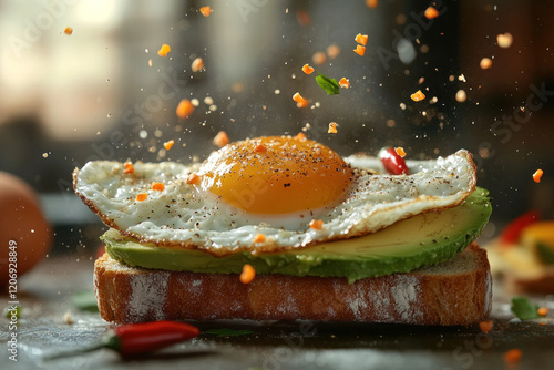 Egg shooting out of a toasted sandwich. photo