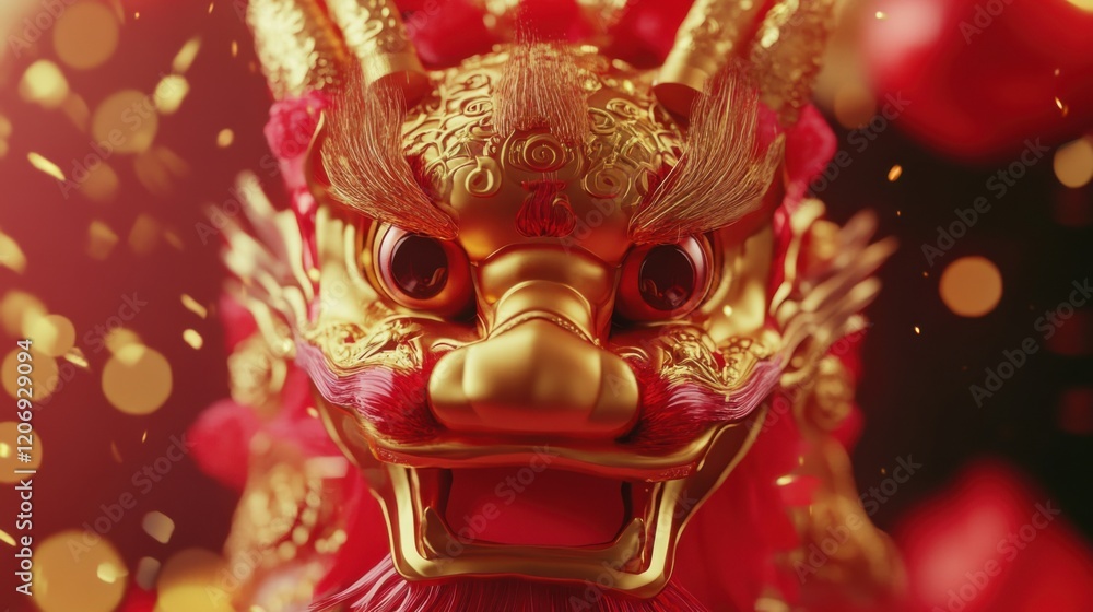 Fototapeta premium Majestic Red and Gold Dragon Statue Captured in Vibrant Colors with Intricate Details and Ornate Coning Evoking Mystical and Regal Themes