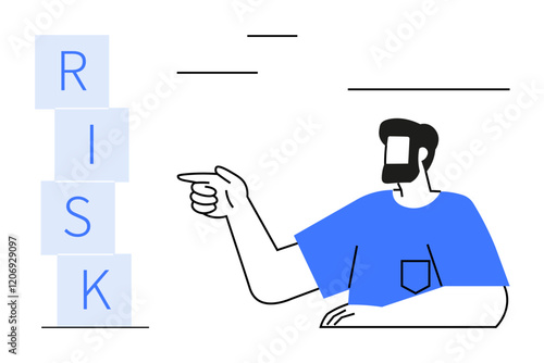 Man in blue shirt points toward vertically stacked blocks spelling RISK. Ideal for themes in strategy, risk management, decision-making, business planning, caution, leadership, uncertainty. Abstract