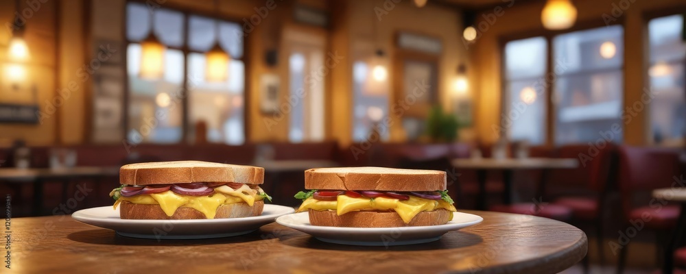 Fototapeta premium A warm and inviting atmosphere in a cozy caf? with a cheese sandwich on the table, soft focus , wooden furniture, dining area