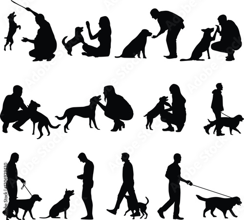 Set of people playing with dog silhouette illustration